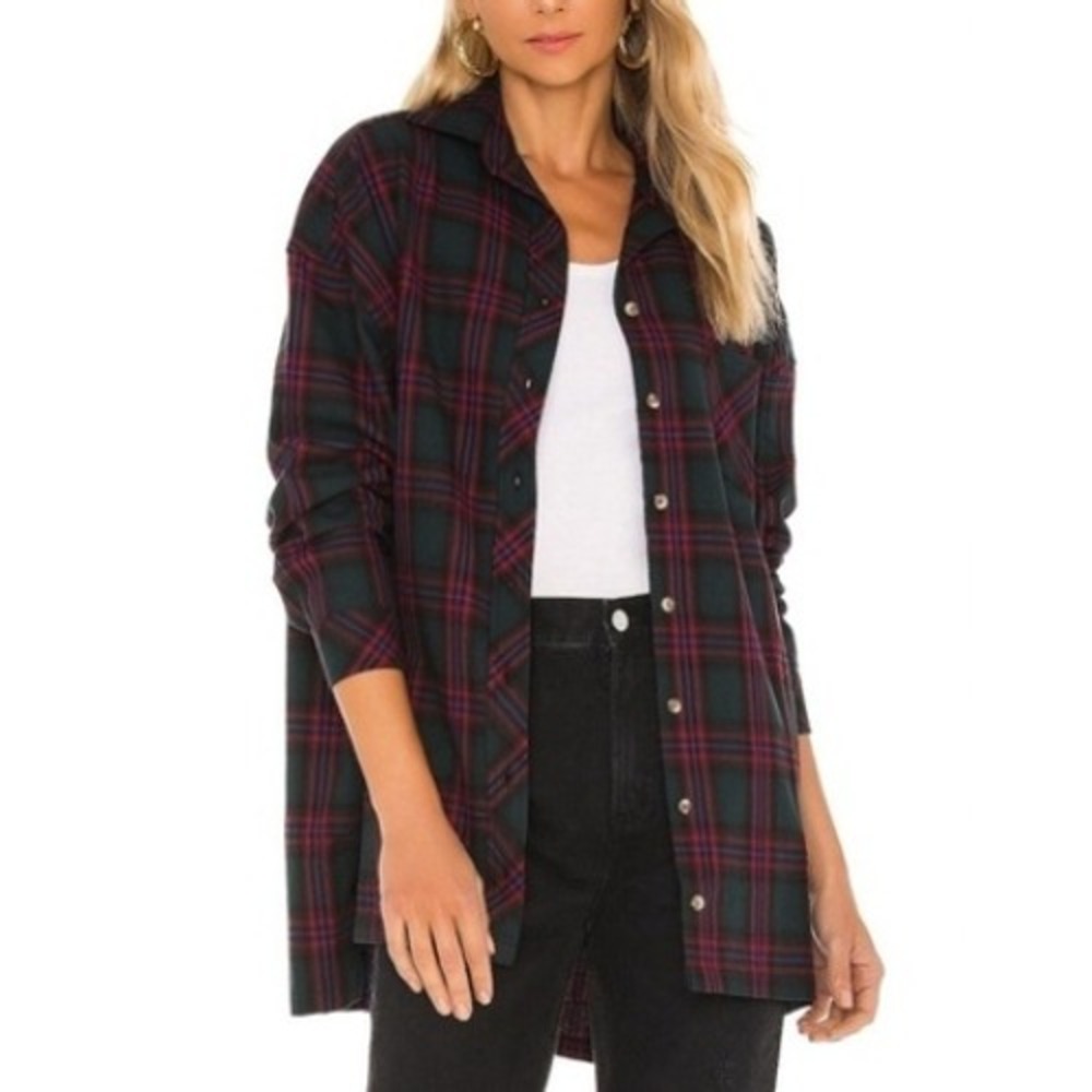Lovers and Friends Womens Oversized Plaid Button Down Shirt Red Blue XS NEW